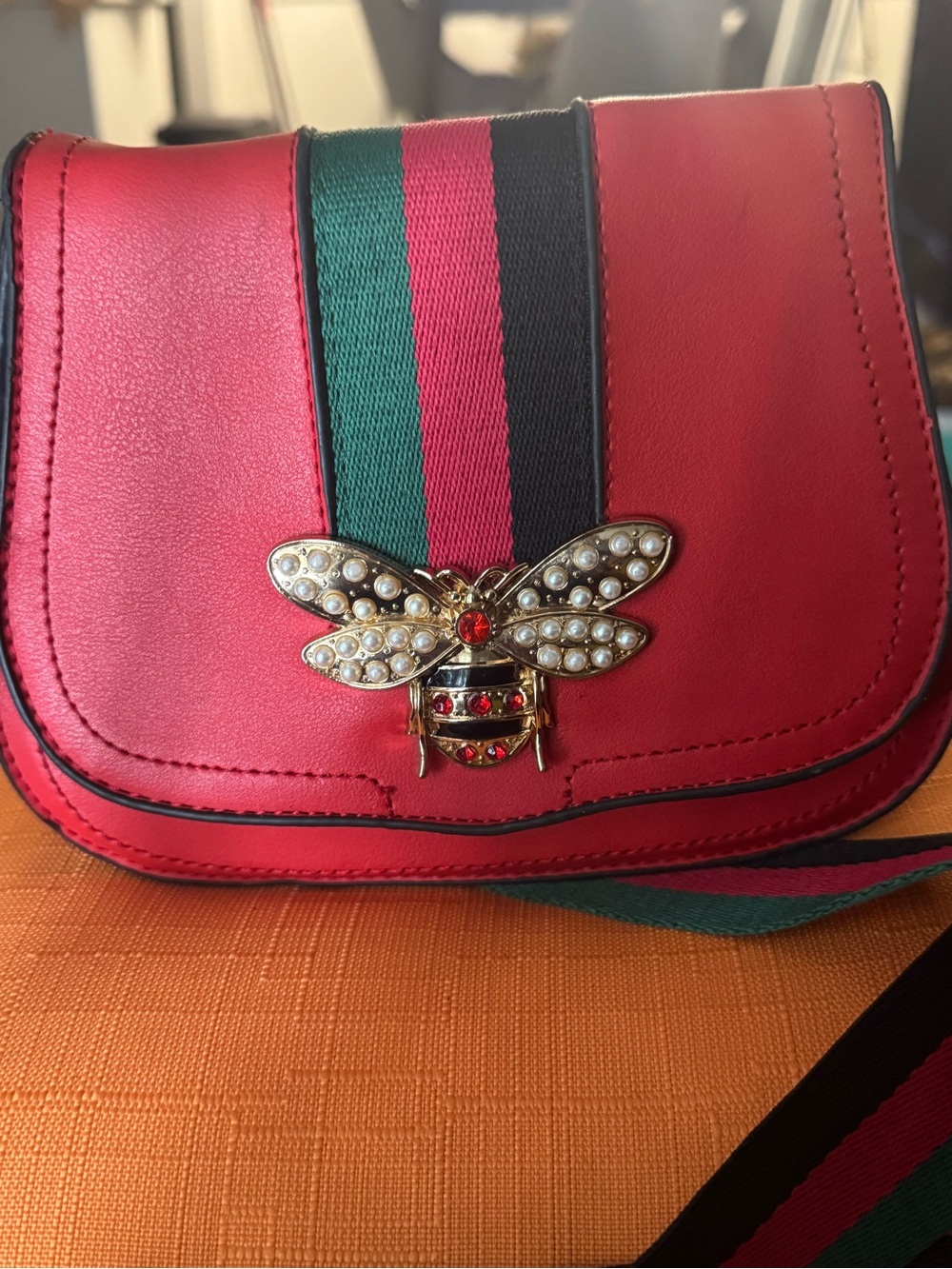 Red Leather Crossbody Bag with Bee Accent